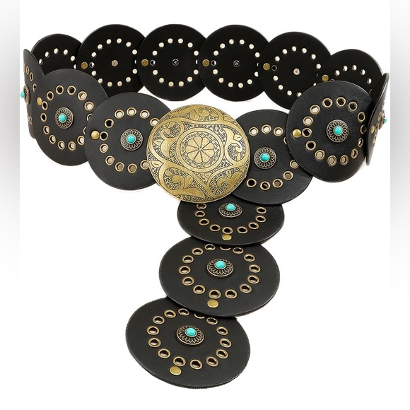 Black Vegan Leather Belt with Gold & Turquoise Accents